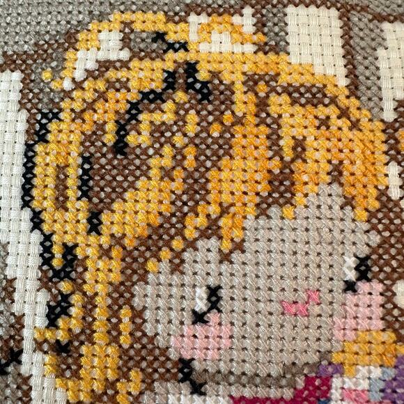 Vintage Needlepoint Pillow Children on a Rocking Chair Ruffle Trim Handmade 80s - Picture 3 of 9